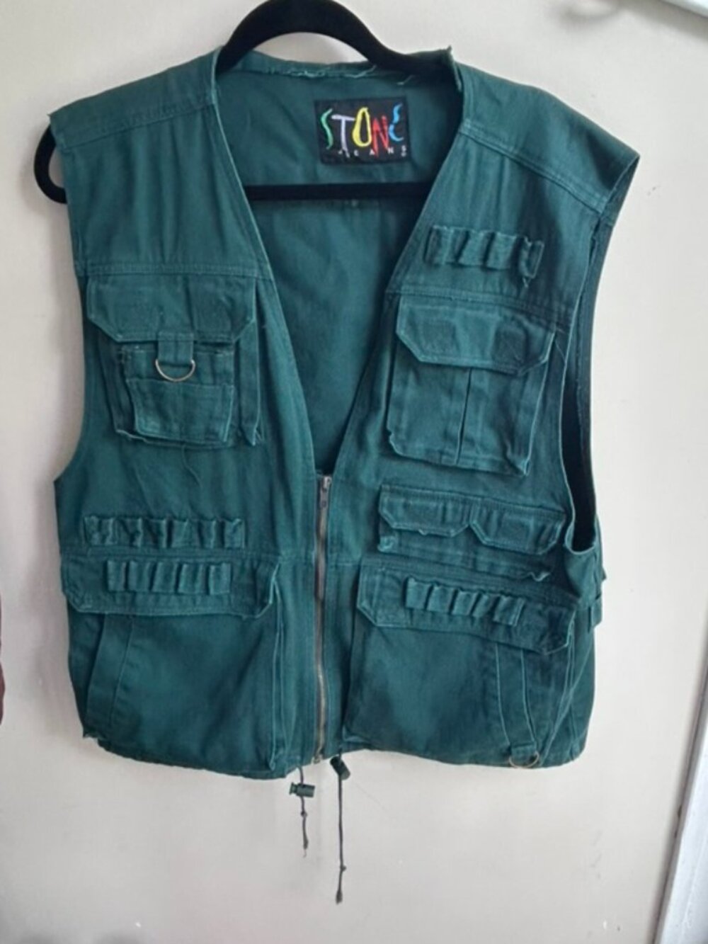 🎣🫒 Vintage Stone Jeans Multi-Pocket Utility Vest – Green – Size S 🫒🎣